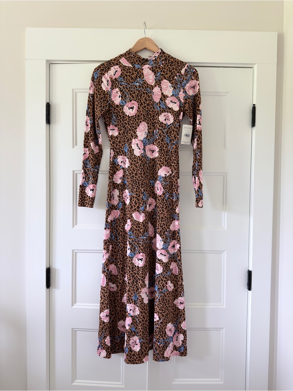 Free People Long Sleeve Floral Leopard Print Maxi Midi Dress - XS Pink/Brown